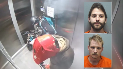 2 arrested after being caught on camera riding motorbikes into elevator, police say